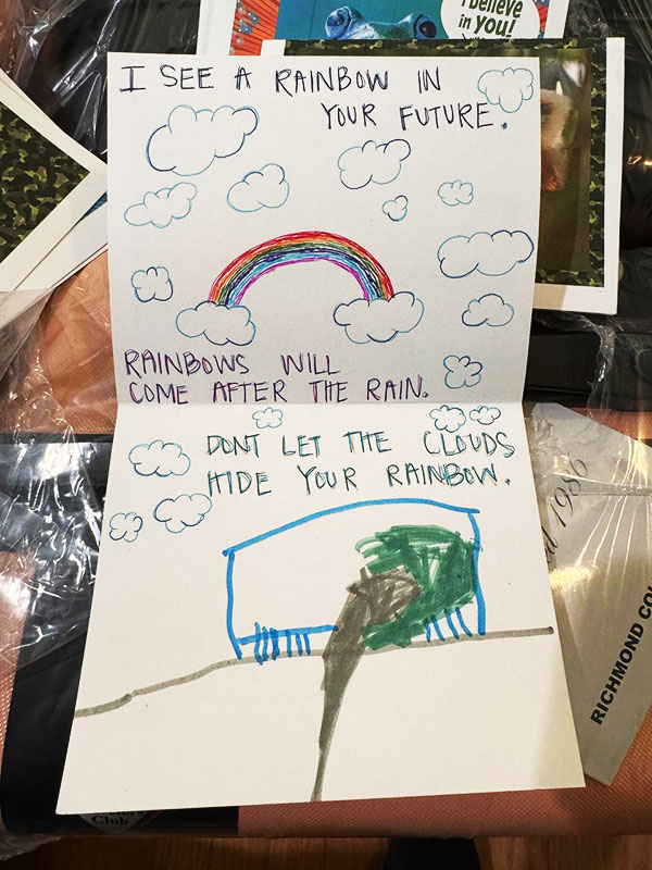 Image of a notecard decorated with clouds and rainbows with the words "I see a rainbow in your future. Rainbows will come after the rain. Don't let the clouds hide your rainbow." CharityRx donates