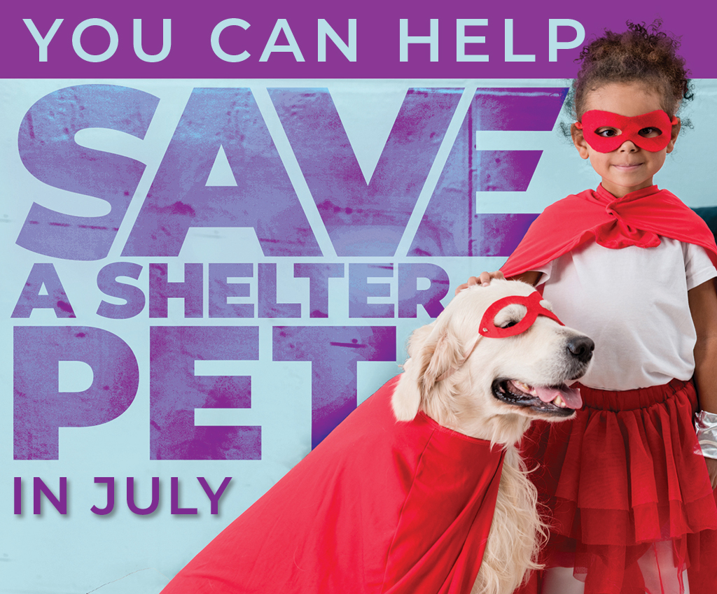 Image of a young girl dressed in a red cape and mask with her hand on the head of a golden retriever wearing a matching cape and mask. Text: You can help save a shelter pet in July.