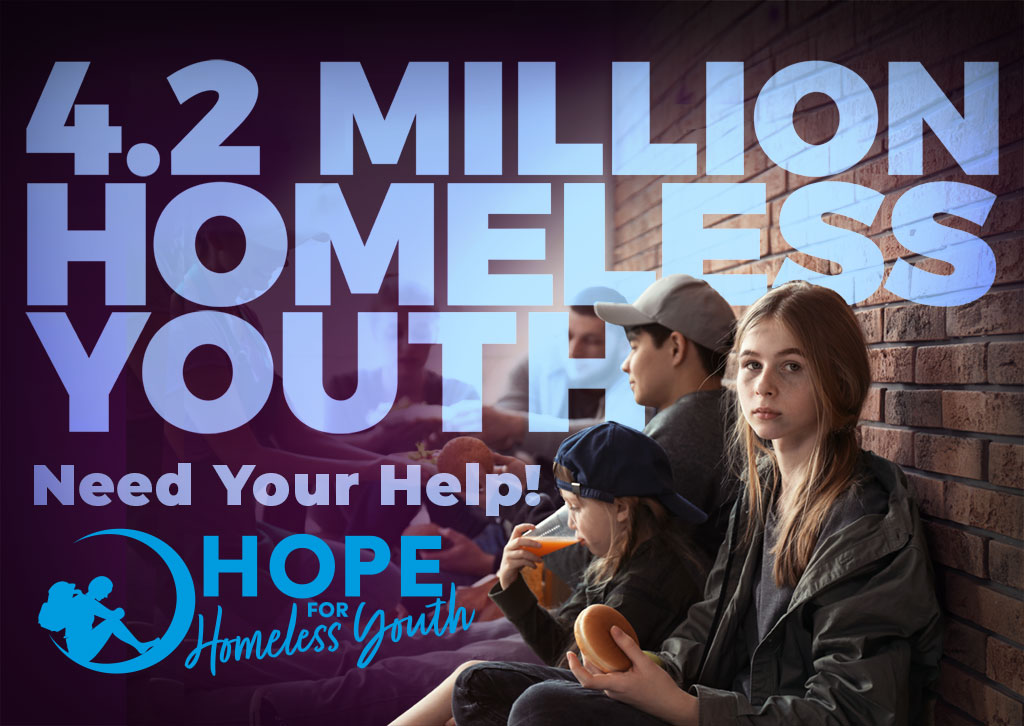 Image of homeless young teenaged girls and boys sitting against a brick wall holding food items. Text reads: 4.2 million homeless youth need your help! Logo: Hope for Homeless Youth