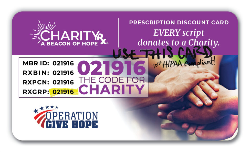 Image of a CharityRx prescription discount card