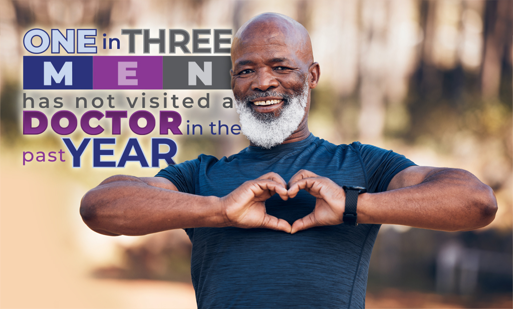 One in three men has not visited a doctor in the past year. A smiling Black man in exercise clothes and holding his hands in the shape of a heart in front of his chest. 