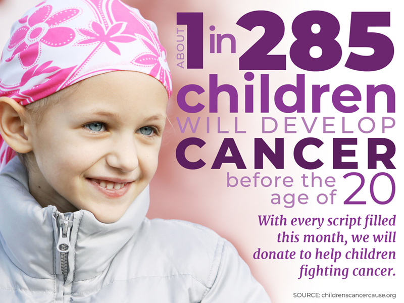 About 1 in 285 children will develop cancer before the age of 20. With every script filled this month, we will donate to help children fighting cancer.