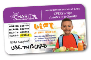 CharityRx prescription discount card. Click to download and donate to pay school meal debt.