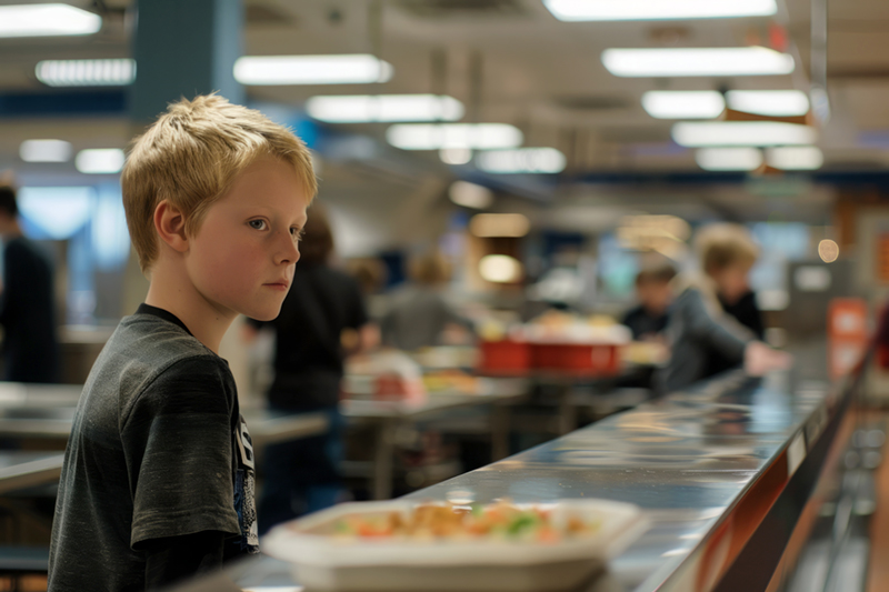 A young boy with school meal debt looks longingly at the food in a lunch line. 